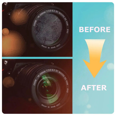 Before and after cleaning camera lens using Large Lens Wipes 5.1x5.9 400 Count Pre Moistened For Eyeglasses And Devices.
