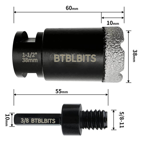 Dry Diamond Core Drill Bit One And A Half Inch Tile Hole Saw For Angle Grinder Porcelain Ceramic Granite Marble Stone Brick With Five Eighths Eleven Thread And Three Eighths Inch Hex Shank Adapter shown with dimensions.