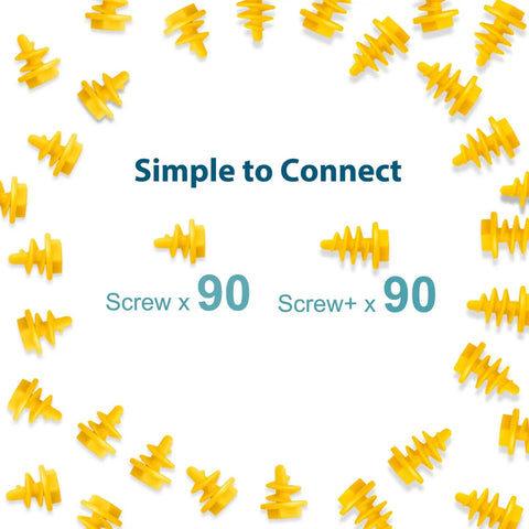 90 yellow screws and 90 screw plus pieces from 180 Piece Kids Screw Kit With 90 Screws And 90 Screw Plus Pieces Cardboard Construction Tools For STEM Fun At Home And Classroom Learning For Boys And Girls Aged 5 Plus In Yellow displayed in rows.