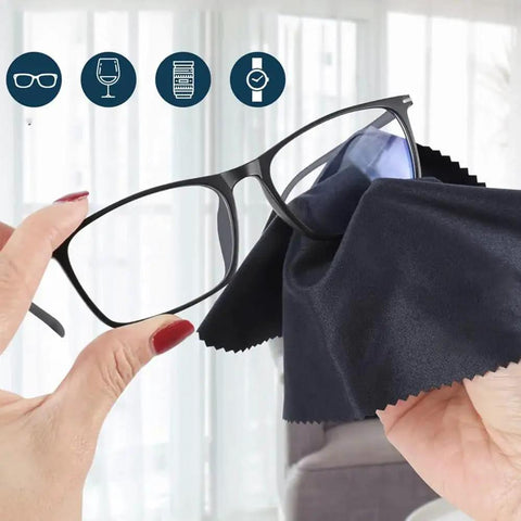 Using black cloth from 12 Pack Microfiber Eyeglass Cleaning Cloths 6x7 Inches For Glasses And Screens to clean eyeglasses