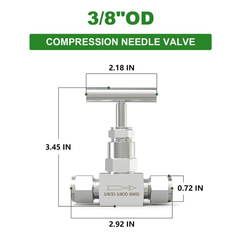 TAISHER 304 stainless steel high-pressure straight needle valve, 3/8 OD x 3/8 OD for water, gas, oil flow control.
