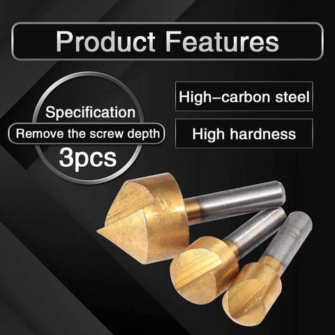 Three Piece HSS Chamfer Countersink End Mill Set For Woodworking With 90 Degree Single Flute Titanium Plated Cutter Bits