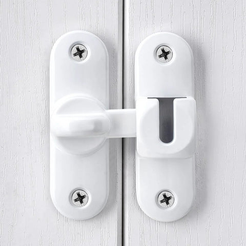 White Barn Door Latch Set With 90/180 Degree Gate Lock Ideal For Cabinets Sliding Doors And Bathrooms Zinc Alloy Right Angle Door Lock Latch No Fuss Install And Solid Security installed on white cabinet door.