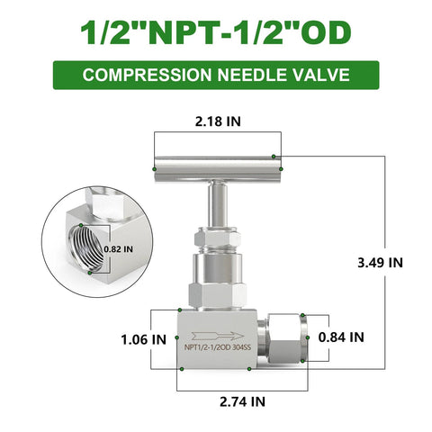 Compression needle valve, 304 stainless steel, 1/2 NPT female × 1/2 in tube OD, for flow control