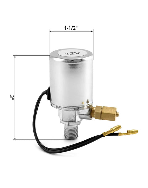 Chrome-plated Beefy 12V air solenoid valve with dimensions, compatible with cars and trucks, one quarter inch NPT inlet, electric air valve.