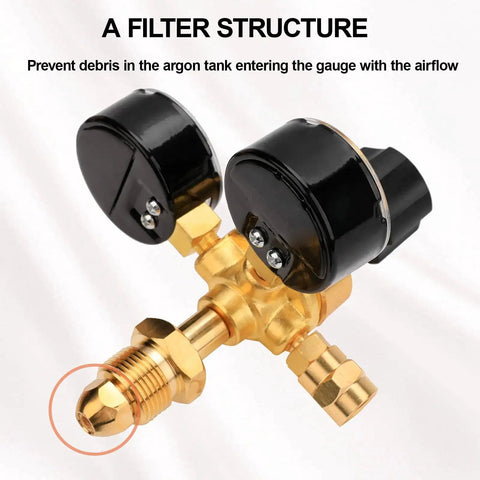 Argon CO2 Welding Gas Regulator With CGA580 Inlet Brass Body 0 To 4500 PSI Gauge close-up, showing filter structure and gauges.