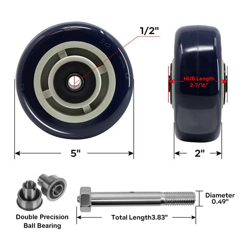5 Inch Caster Wheels Set Of Four With Premium Polyurethane Tread On Polypropylene Core Half Inch Bore Double Precision Ball Bearings Heavy Duty Casters With 3200 Lbs Capacity Ideal For Carts And Dollies In Workshops And Warehouses product dimensions