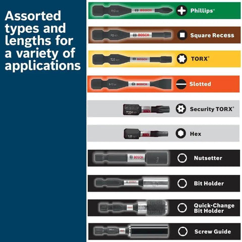 Image showing Bosch assorted impact bits including Phillips, Square Recess, Torx, Slotted, Security Torx, Hex, Nutsetter, and Bit Holder.