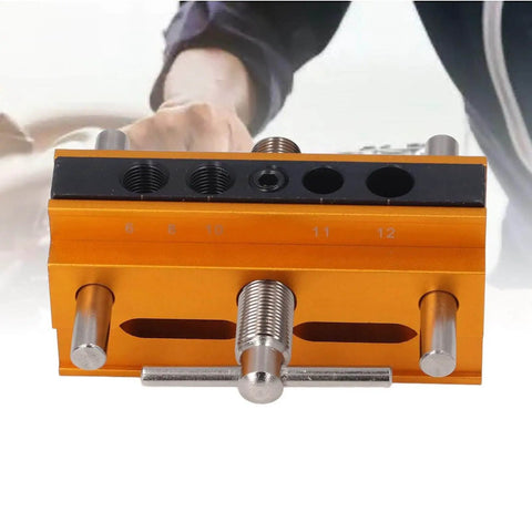 Auto Centering Dowel Jig Kit With Adjustable Drill Guide From 0.4 To 2.4 Inches Wide Six Bushings for wood joinery, front view