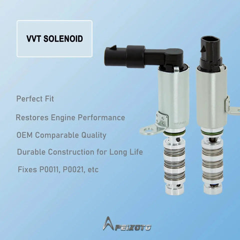 Variable Valve Timing Solenoid For Kia And Hyundai Rides 1.8L 2.0L VVT For Intake And Exhaust featuring two solenoids on blue background