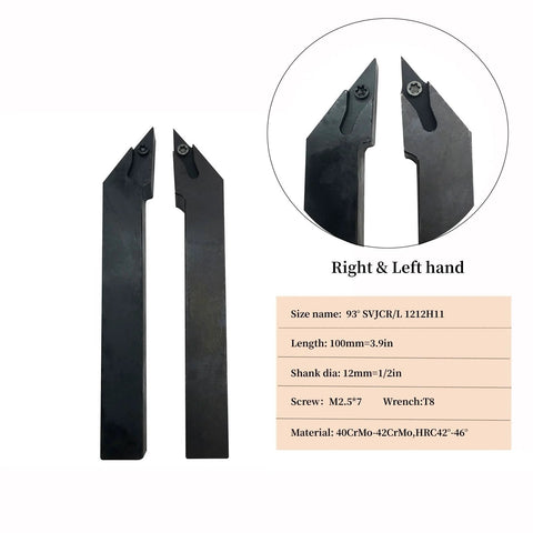 Two Piece Half Inch Indexable Metal Lathe Tool Holder Set With VCMT110304 And VCMT32.51 Carbide Inserts For CNC Turning And Boring Bars Multilayer Coated By Hunricho. Black 1/2 inch shank lathe tools shown front view, with right and left hand orientation. Includes specifications table with size and material information visible.