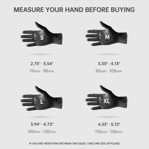 Black Nitrile Disposable Gloves 4.5 Mil Powder Free Latex Free Food Safe Exam size guide for S, M, L, XL hands.