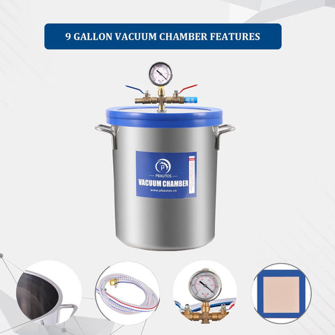 PBAUTOS 9 Gallon vacuum chamber, stainless steel body, blue lid, top gauge