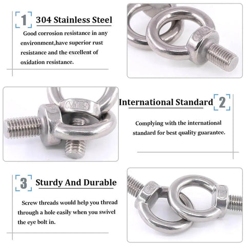 Heavy Duty M14 Eye Bolt Set In 304 Stainless Steel With Lock Nuts, Lock Washers, And Flat Washers For Lifting, Rigging, And Securing Projects