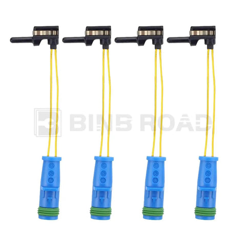 Brake pad wear sensors, 4-piece set with yellow wires and blue connectors for Mercedes-Benz front and rear.