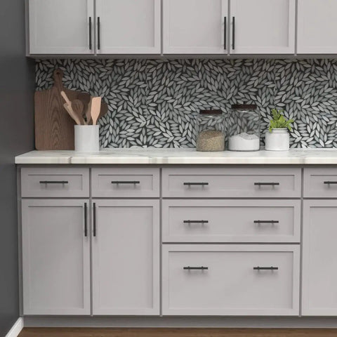 Kitchen cabinets with 10 Pack Matte Black Cabinet Handles And Drawer Pulls For Doors And Dresser Drawers installed, modern look.