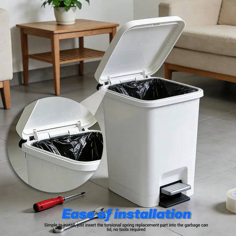 Open white trash can with lid raised featuring 6 Pack Soft Close Trash Can Dampers Piston Replacement For No Slam Silent Operation Hydraulic Lid Damper For Quiet Kitchen And Office Use Easy Install Precise Lid Control Durable Damping System Fits Various Trash Cans Load 55 59 Newtons, screwdriver nearby, indoor setting.