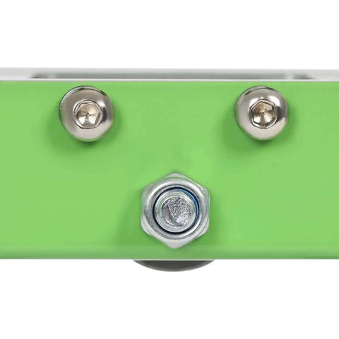 Close-up of Pro Grade Green V Shaped Hand Sheet Metal Bender with visible bolts and metal elements for roofing panel bending.
