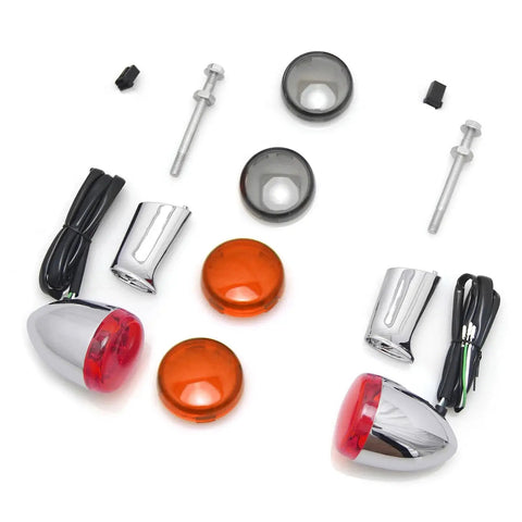 Chrome metal Bullet Style Turn Signal Rear Indicator Lamps for Harley Sportster XL883 XL1200 Dyna Softail 1992 to 2024 kit.