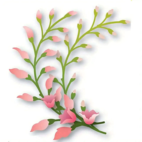 3 Piece Flower Leaf Branches Metal Die Cuts Set for DIY embossing and card making; floral branches design in pink and green tones