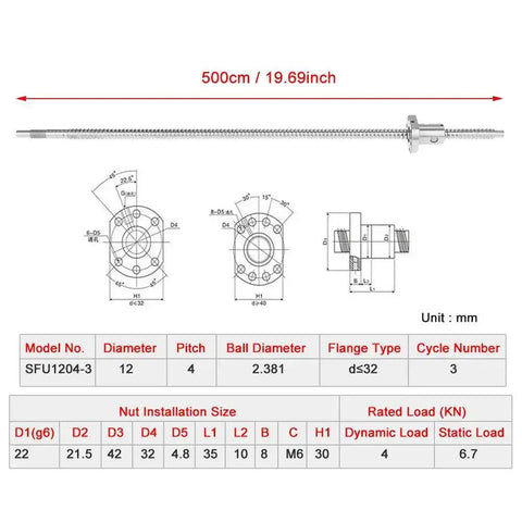 Detailed diagram of Rolled Ballscrew With Anti Backlash Ball Nut For SFU1204 500mm