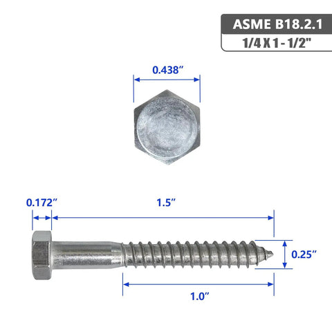 Quarter Inch By One And A Half Inch Hex Head Lag Screws In 304 Stainless Steel For Wood Construction Pack Of Twenty Heavy Duty Hex Lag Screws Corrosion Resistant For Outdoor Use And Heavy Duty Construction Projects, 304 stainless steel, dimensions shown.