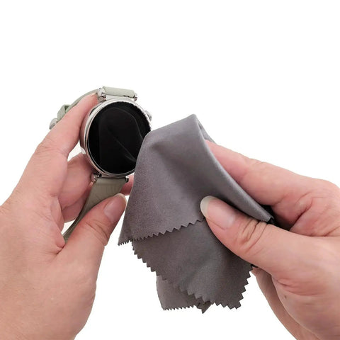 Using a gray microfiber cloth to clean a smartwatch screen, 30 Pack Lint Free Microfiber Cleaning Cloths for Glasses Lenses and Screens