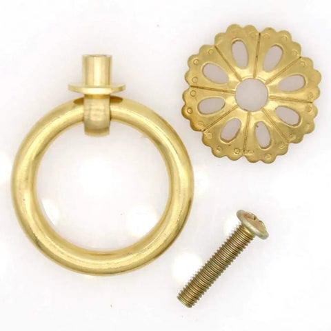 Set Of 6 Vintage Gold Brass Ring Pulls With Hollow Dome Base Flower Like Design For Cabinets Solid Brass Hardware Retro Golden Style Durable Anti Rust Ring Size 1.4 Inches (3.5 Cm) showing ring, backplate, and screw.