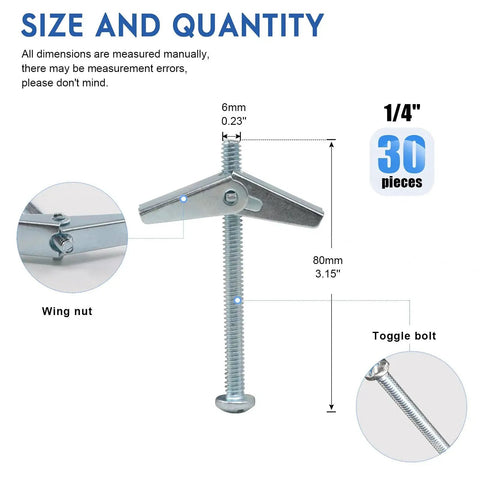 Diagram showing the 30 Pack Zinc Plated Steel Round Head Toggle Bolts With Wing Nuts For Hanging Heavy Items On Drywall One Quarter Inch Size