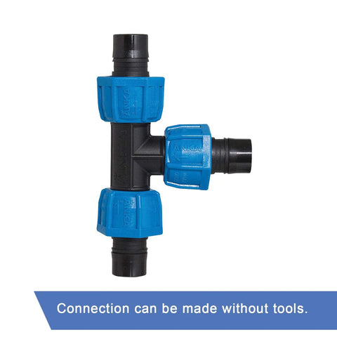ANKA 1in poly-pipe tee fitting with blue tapered nuts, black body for irrigation
