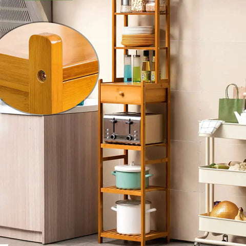 Wooden kitchen shelf with close-up of joint featuring a hex socket cap screw and barrel nut for sturdy assembly.