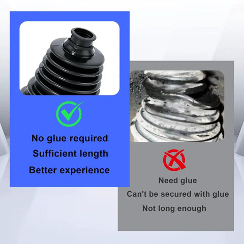 Comparison of black silicone CV Boot Repair Kit with no glue requirement by EKUWU and another boot needing glue and not long enough.