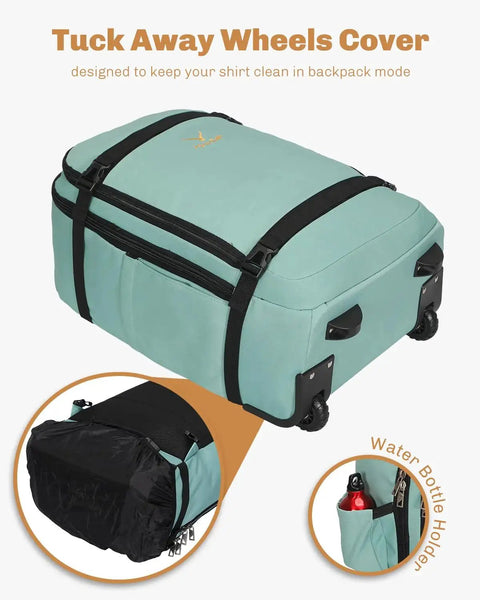 Rolling Backpack 42L With Wheels Airline Approved Carry On Luggage Laptop Travel Bag Mint Green with tuck away wheels