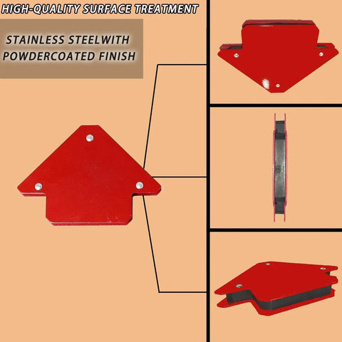 Magnetic Welding Holder Set 6 Pieces With Fixed Angle Soldering Positioner For Precise Welding And Handy Metalwork, red finish, side and front views shown.
