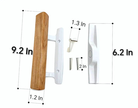 Sliding Patio Door Handle Replacement Set With Wood Interior Pull And White Zinc Diecast Pull And Chrome Plated Brackets Fits Three Point Nine Seven Five Inch Screw Hole Space Non Key Design White Brackets Cost Effective Upgrade For Worn Or Broken Patio shown with dimensions and components.