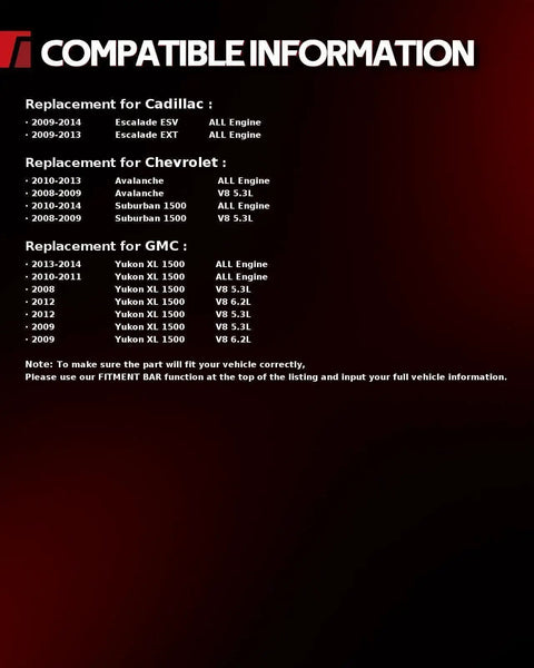 Compatibility information for Fuel Pump Module FG1055 Direct Replacement Fits 2008-2014 Chevrolet Suburban 1500 FLEX and others.