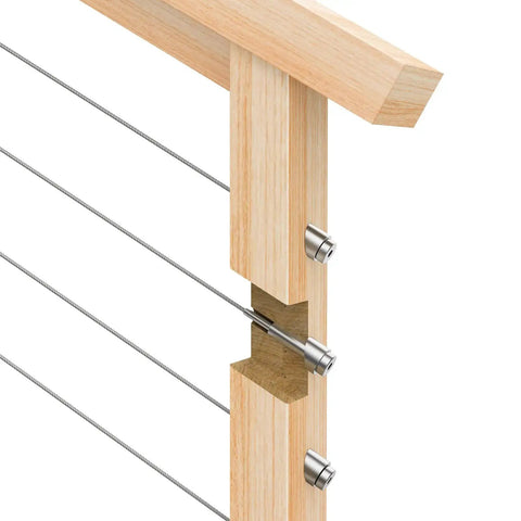 20 Pack Three Eighths Inch ID Angle Washers For Cable Railing Stair Ends installed on wood post railing with cables