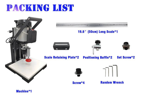 Packing list for Powerful Portable 110V 1100W Hinge Drilling And Boring Machine with tools and accessories displayed