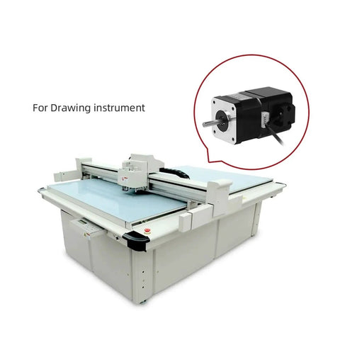 Front view of a CNC router with XY gantry; inset shows a black Nema 23 4-lead stepper motor.
