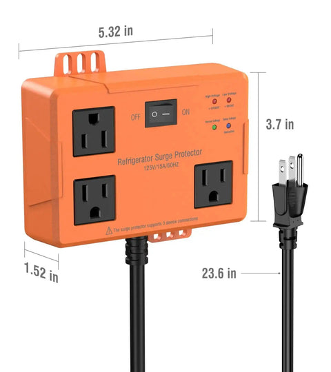 3 Outlet Refrigerator Surge Protector With Time Delay And 3000J Voltage Protection For Home Appliances Guards Against Brownouts, Spikes, And Instant Surges With 14 AWG Power Cord 2 Feet, orange rectangular design, three outlets visible