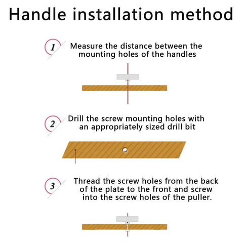 Handle installation method diagram with steps for measuring distance, drilling holes, and threading screws for cabinet knobs.