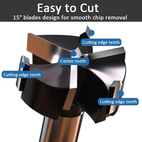 Close-up of Pro Grade Carbide Tipped Forstner Drill Bit Set for Hardwood showing cutting edge teeth and 15° blade design.