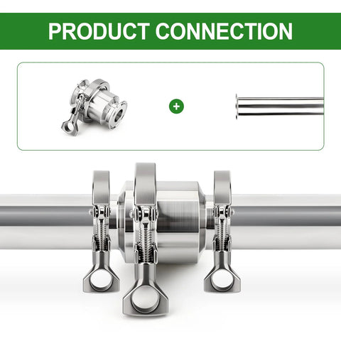 Sanitary check valve, 304 stainless steel, 2-inch tube OD, with 3 tri-clamp clamps on a stainless pipe