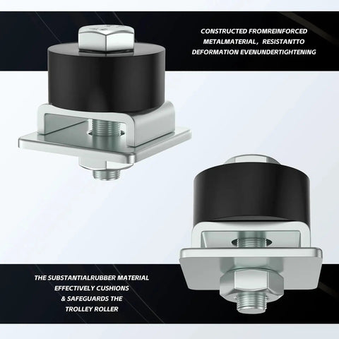 Patented Trolley Roller Limit for Unistrut Strut Channel with metal and rubber components, close-up view
