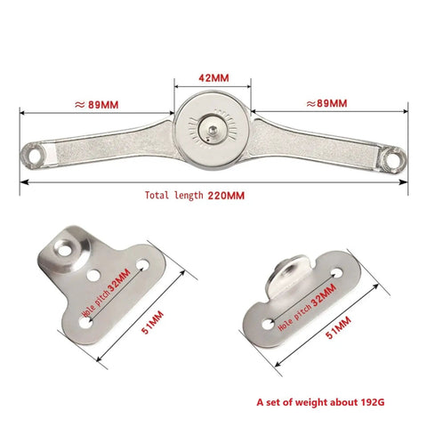 Heavy Duty Lid Stay Hinges For Cabinets And Toy Boxes With Adjustable Load Capacity And 180 Degree Opening, metal structure with dimensions.