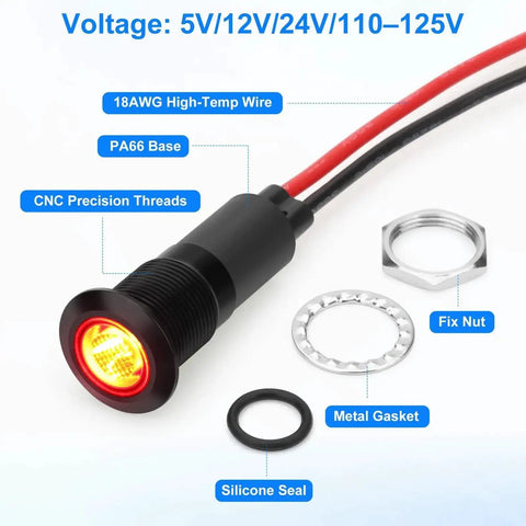 Four Pack 12mm LED Indicator Lights IP67 Waterproof Signal Lamps With 18AWG Leads Universal 5V To 125V Fit For Pilot Dash Heads