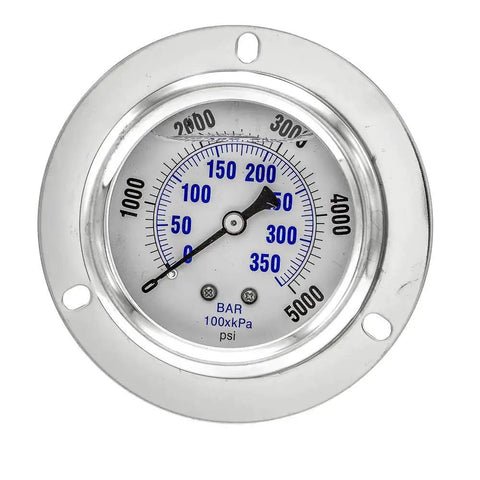 Glycerin Filled Panel Mount Pressure Gauge With Front Flange Two And A Half Inch Dial Zero To Five Thousand Psi One Quarter Inch NPT