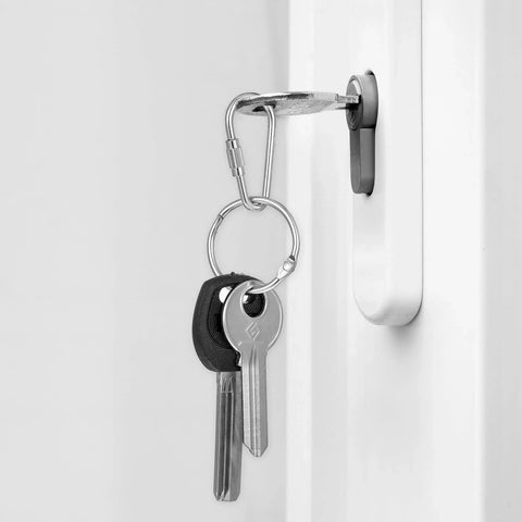 Silver stainless steel quick link locking carabiner holding keys in a door 10 Pieces Heavy Duty Stainless Steel Quick Link Locking Carabiners For Keychains And Cages Mini Metal Hooks For Outdoor Camping And Pet Parrot Hanging Toys Durable Repair Chain Links For Secure Versatile Use Silver