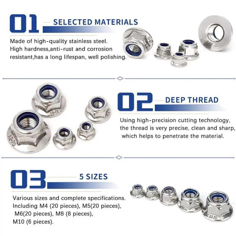 Beefy Flange Lock Nuts With Nylon Insert, 304 Stainless Steel DIN985, Bright Finish, M4 To M10 Assortment Kit, 74 Pieces