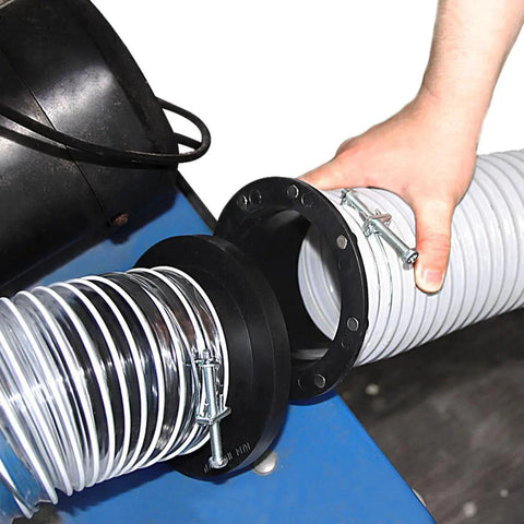 Close-up of a 4 Inch Magnetic Dust Port Kit That Lets You Swap Between Tools Fast Fits Dust Collectors And Vacuums Includes Quick Duct Connectors Hose Clamps And Two 4 By 6 Inch Hoses DC06 OSKOOL with hand attaching hose.